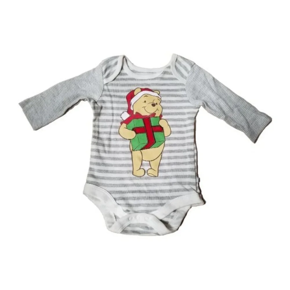 Disney Winnie The Poo Newborn One Piece Long Sleeve Bodysuit Gray/White 0-3 M